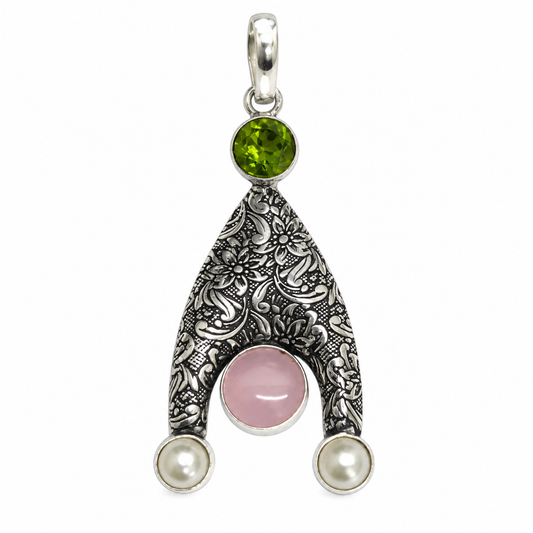 Multicolor Gemstone Pendant with Floral Antique Silver Design PEN739-SLV-LMUL04