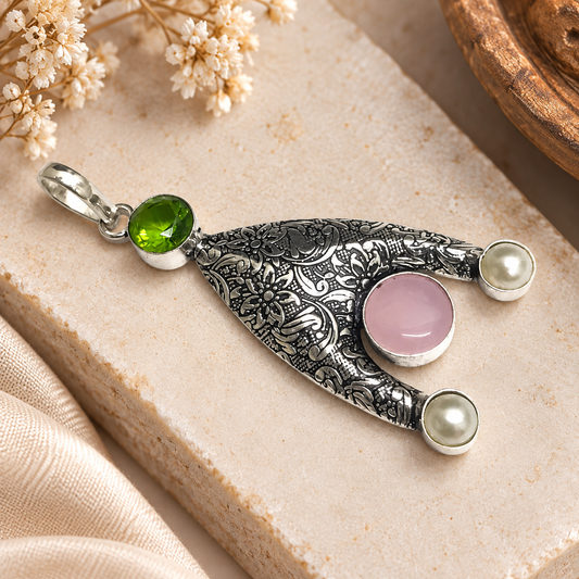 Multicolor Gemstone Pendant with Floral Antique Silver Design PEN739-SLV-LMUL04
