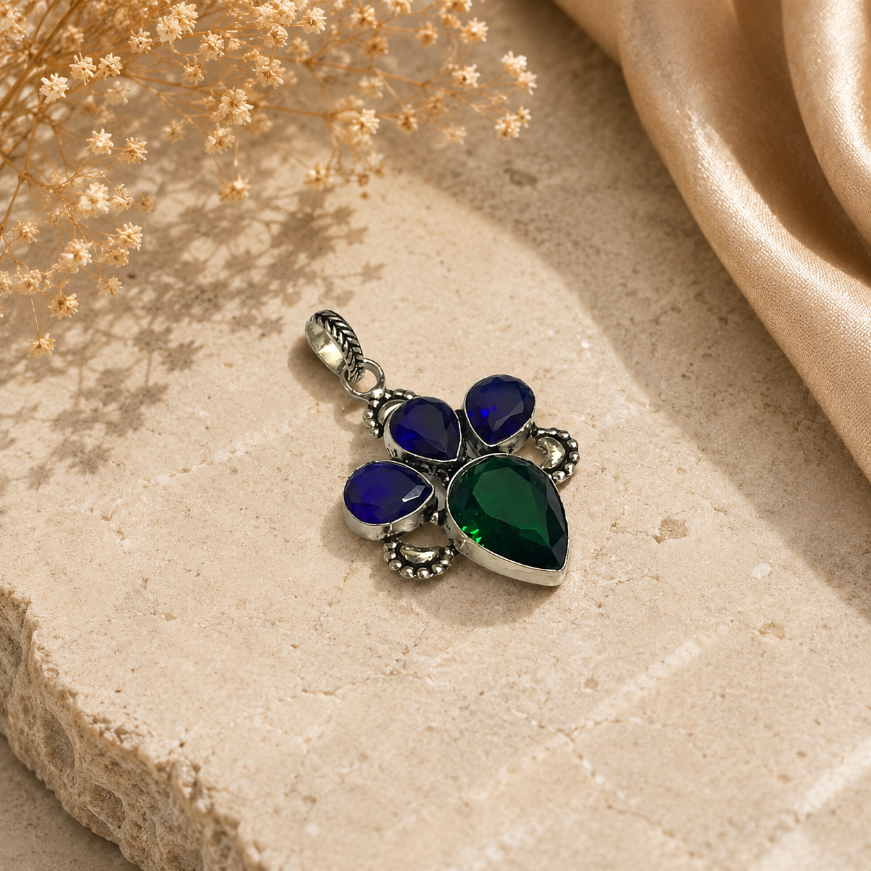 Tanzanite Chrome Diopside Silver Tone Pendant Boho Statement Jewelry PEN74-SLV-LTZ-LCD04