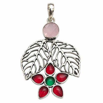 Red Green Floral Leaf Pendant in Antique Silver Tone Style PEN740-SLV-LMUL07