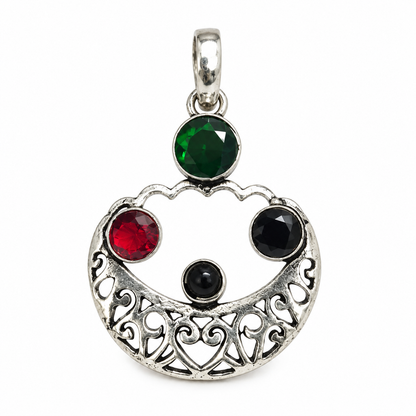 Multicolor Gemstone Crescent Pendant in Antique Silver Tone PEN741-SLV-LMUL04