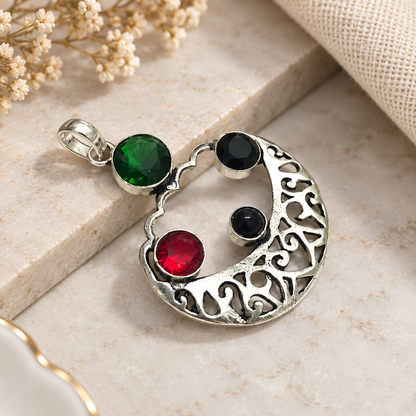 Multicolor Gemstone Crescent Pendant in Antique Silver Tone PEN741-SLV-LMUL04