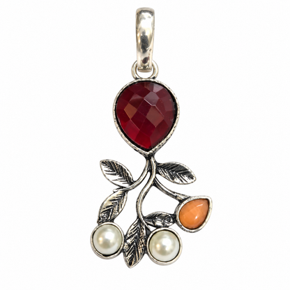 Red Gemstone Leaf Pendant with Pearl Accents Antique Style PEN742-SLV-LMUL04