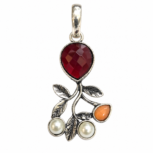 Red Gemstone Leaf Pendant with Pearl Accents Antique Style PEN742-SLV-LMUL04