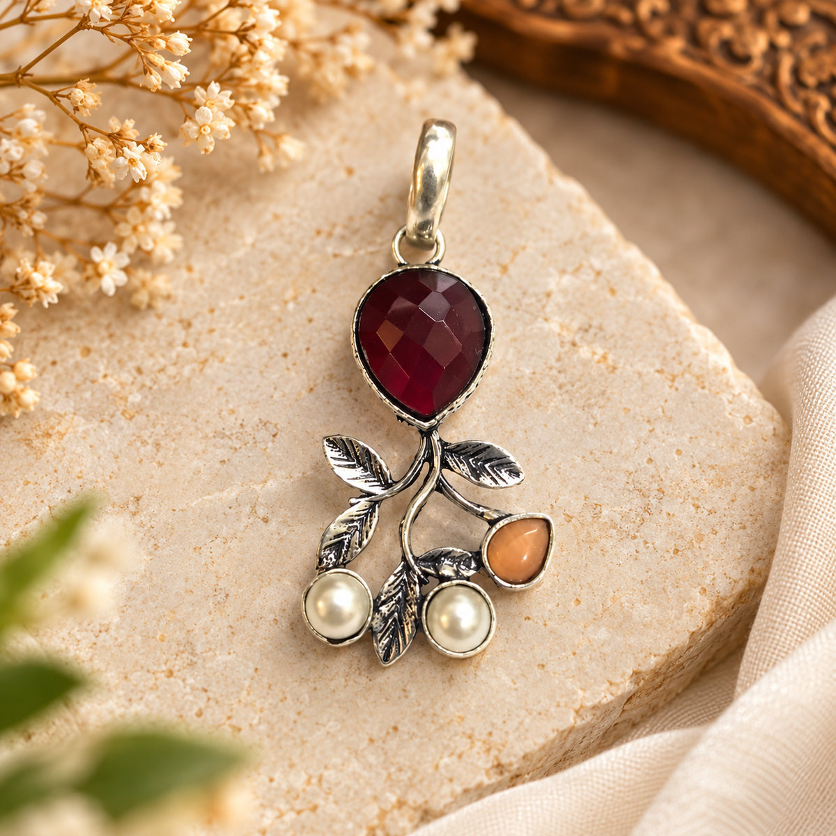 Red Gemstone Leaf Pendant with Pearl Accents Antique Style PEN742-SLV-LMUL04