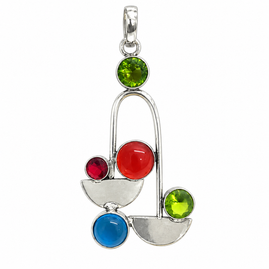 Multicolor Geometric Gemstone Pendant in Silver Tone Design PEN743-SLV-LMUL05
