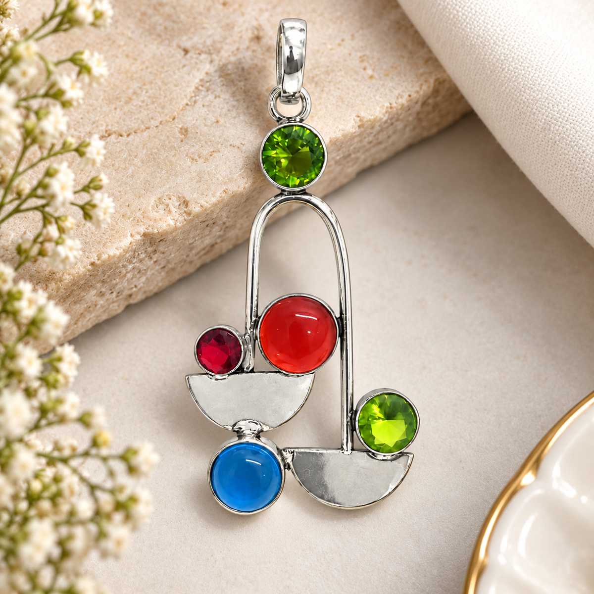 Multicolor Geometric Gemstone Pendant in Silver Tone Design PEN743-SLV-LMUL05