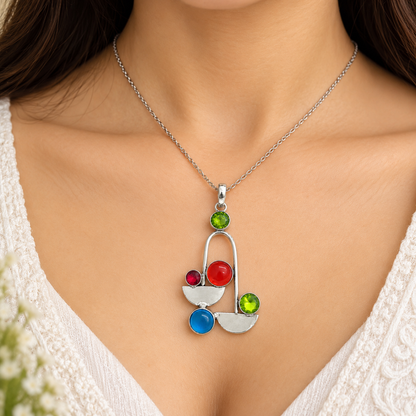 Multicolor Geometric Gemstone Pendant in Silver Tone Design PEN743-SLV-LMUL05