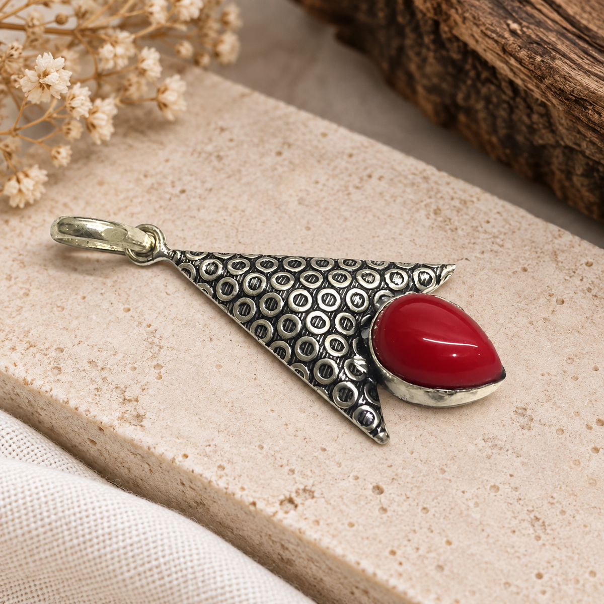 Red Coral Teardrop Pendant with Antique Silver Tone Design PEN744-SLV-LRC01
