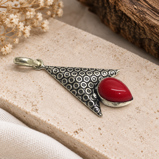 Red Coral Teardrop Pendant with Antique Silver Tone Design PEN744-SLV-LRC01