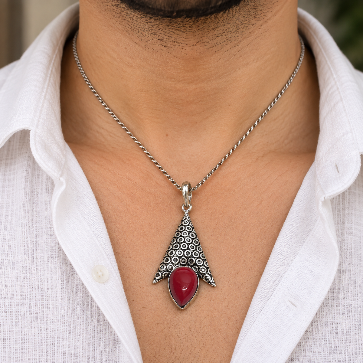 Red Coral Teardrop Pendant with Antique Silver Tone Design PEN744-SLV-LRC01