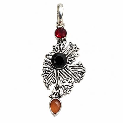 Red Black Brown Gemstone Pendant in Antique Silver Tone PEN745-SLV-LMUL03