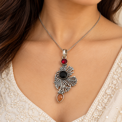Red Black Brown Gemstone Pendant in Antique Silver Tone PEN745-SLV-LMUL03