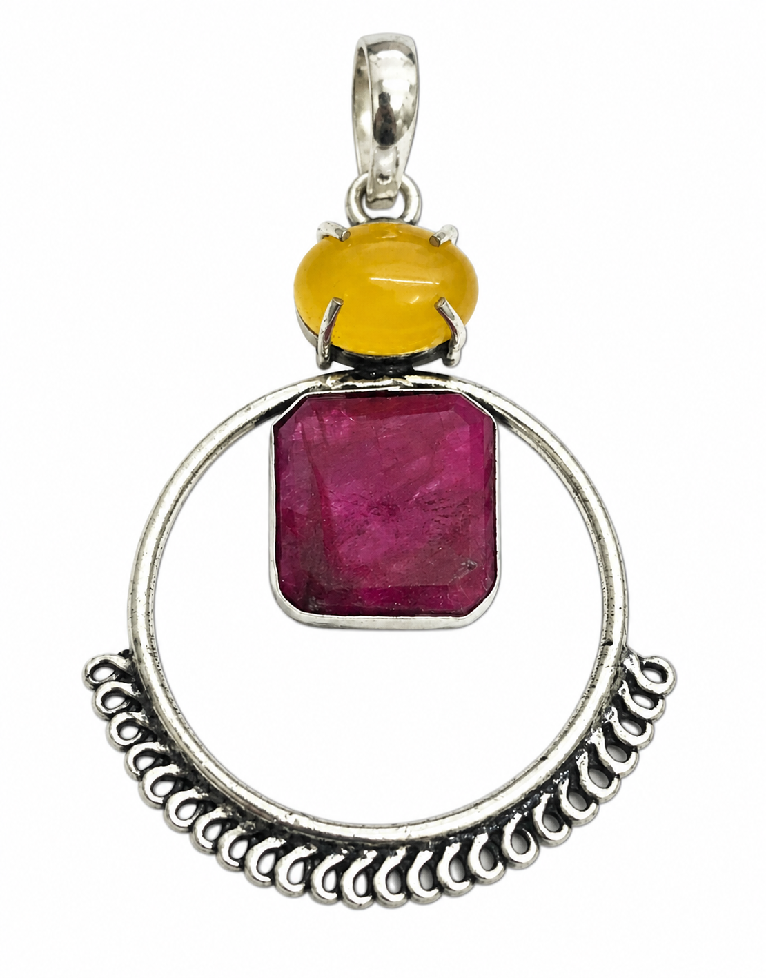Ruby Quartz Pendant with Yellow Stone Antique Silver Design PEN748-SLV-LQUA-LRBY02