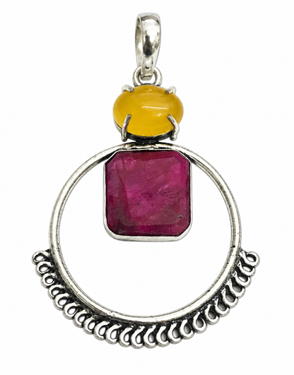 Ruby Quartz Pendant with Yellow Stone Antique Silver Design PEN748-SLV-LQUA-LRBY02