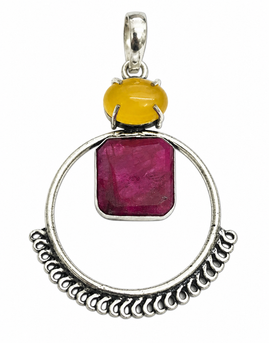 Ruby Quartz Pendant with Yellow Stone Antique Silver Design PEN748-SLV-LQUA-LRBY02