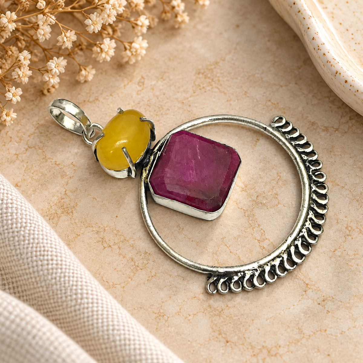 Ruby Quartz Pendant with Yellow Stone Antique Silver Design PEN748-SLV-LQUA-LRBY02