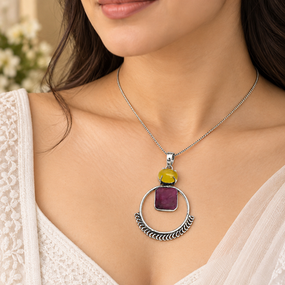Ruby Quartz Pendant with Yellow Stone Antique Silver Design PEN748-SLV-LQUA-LRBY02