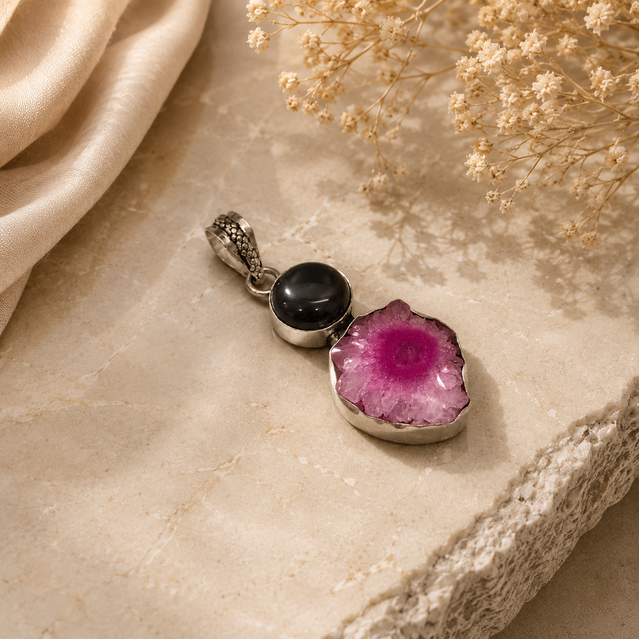 Solar Quartz Black Onyx Silver Pendant Boho Statement Jewelry Gift PEN75-SLV-NSLQ-NBO02