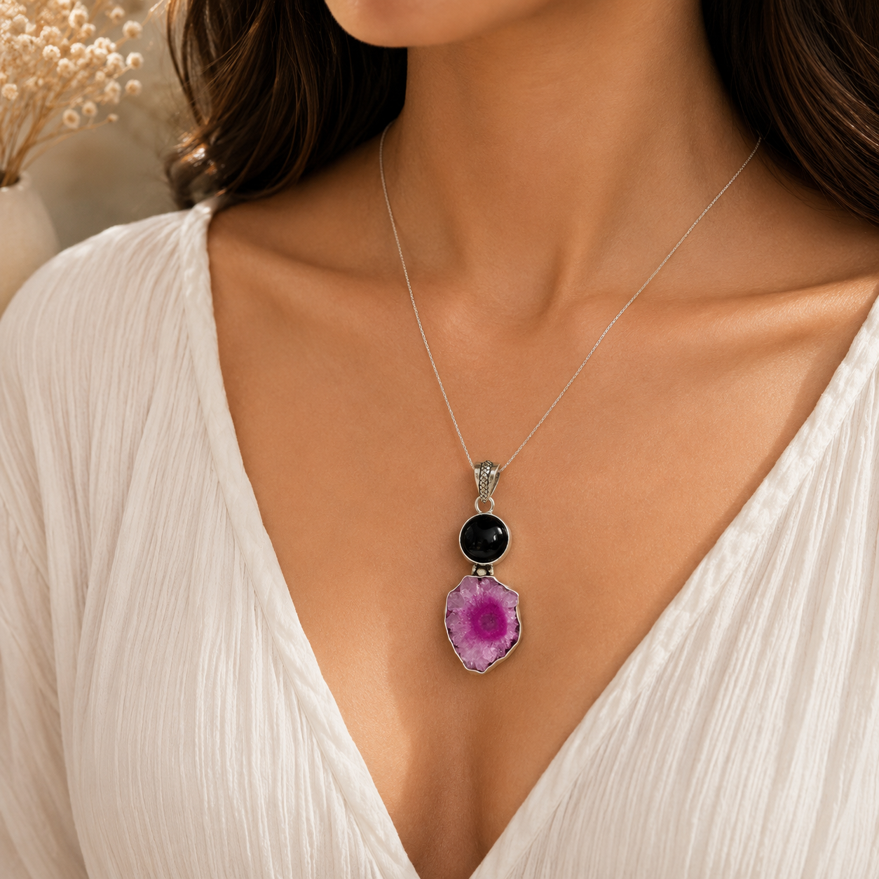 Solar Quartz Black Onyx Silver Pendant Boho Statement Jewelry Gift PEN75-SLV-NSLQ-NBO02