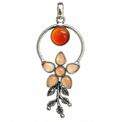 Red Amber Floral Pendant with Antique Silver Tone Design PEN750-SLV-LMUL07