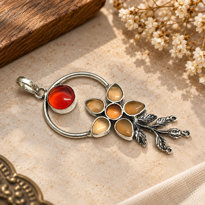 Red Amber Floral Pendant with Antique Silver Tone Design PEN750-SLV-LMUL07