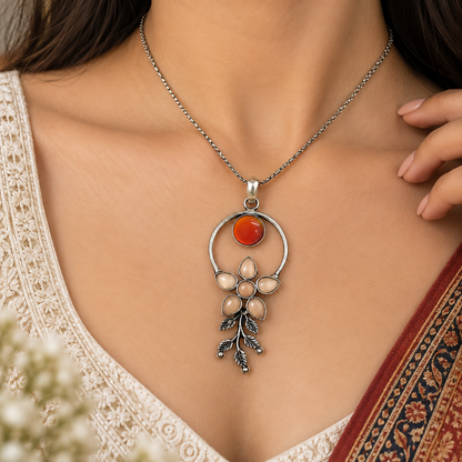 Red Amber Floral Pendant with Antique Silver Tone Design PEN750-SLV-LMUL07