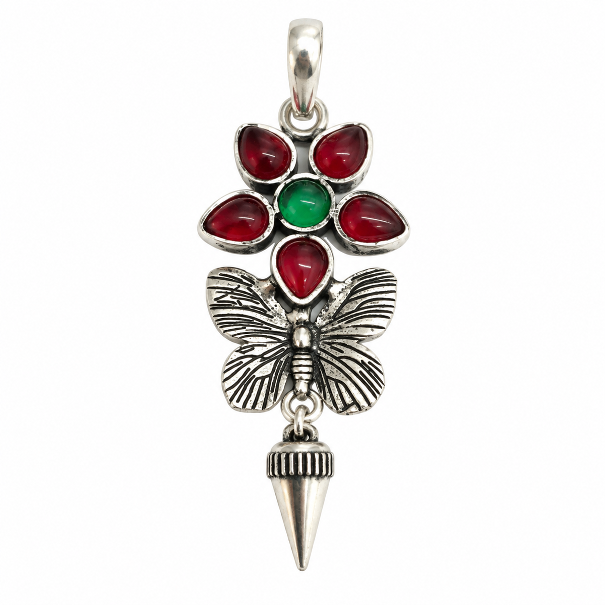 Red Green Floral Butterfly Pendant in Antique Silver Tone PEN751-SLV-LMUL06