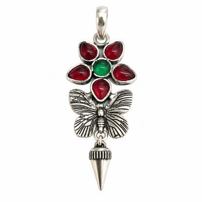 Red Green Floral Butterfly Pendant in Antique Silver Tone PEN751-SLV-LMUL06