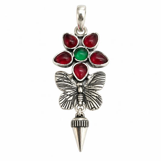 Red Green Floral Butterfly Pendant in Antique Silver Tone PEN751-SLV-LMUL06
