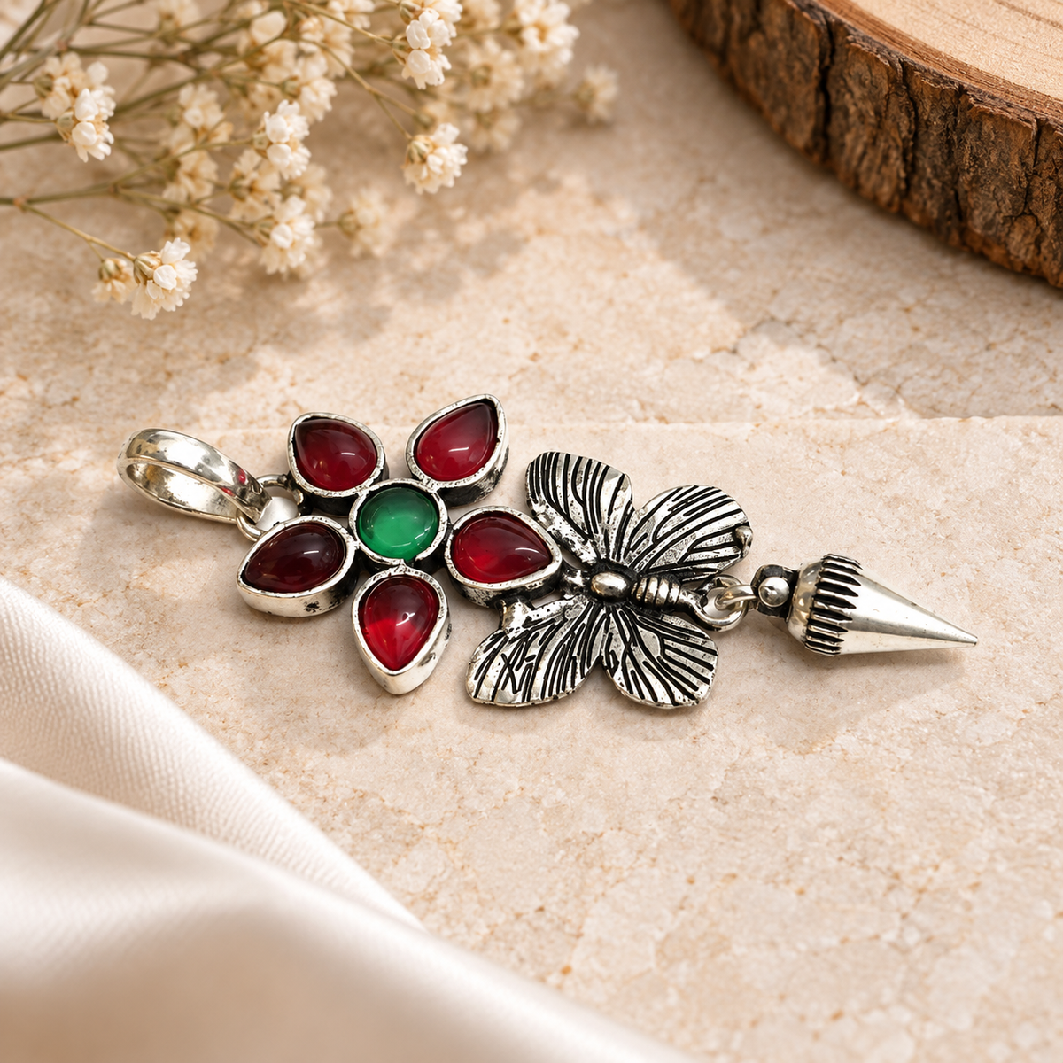 Red Green Floral Butterfly Pendant in Antique Silver Tone PEN751-SLV-LMUL06