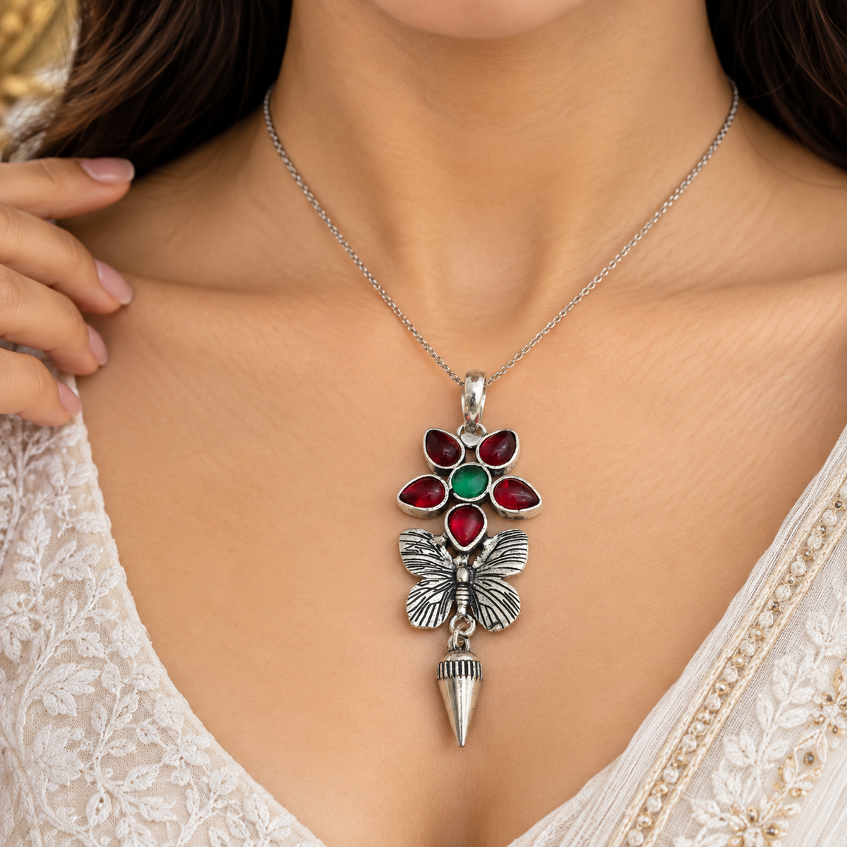 Red Green Floral Butterfly Pendant in Antique Silver Tone PEN751-SLV-LMUL06