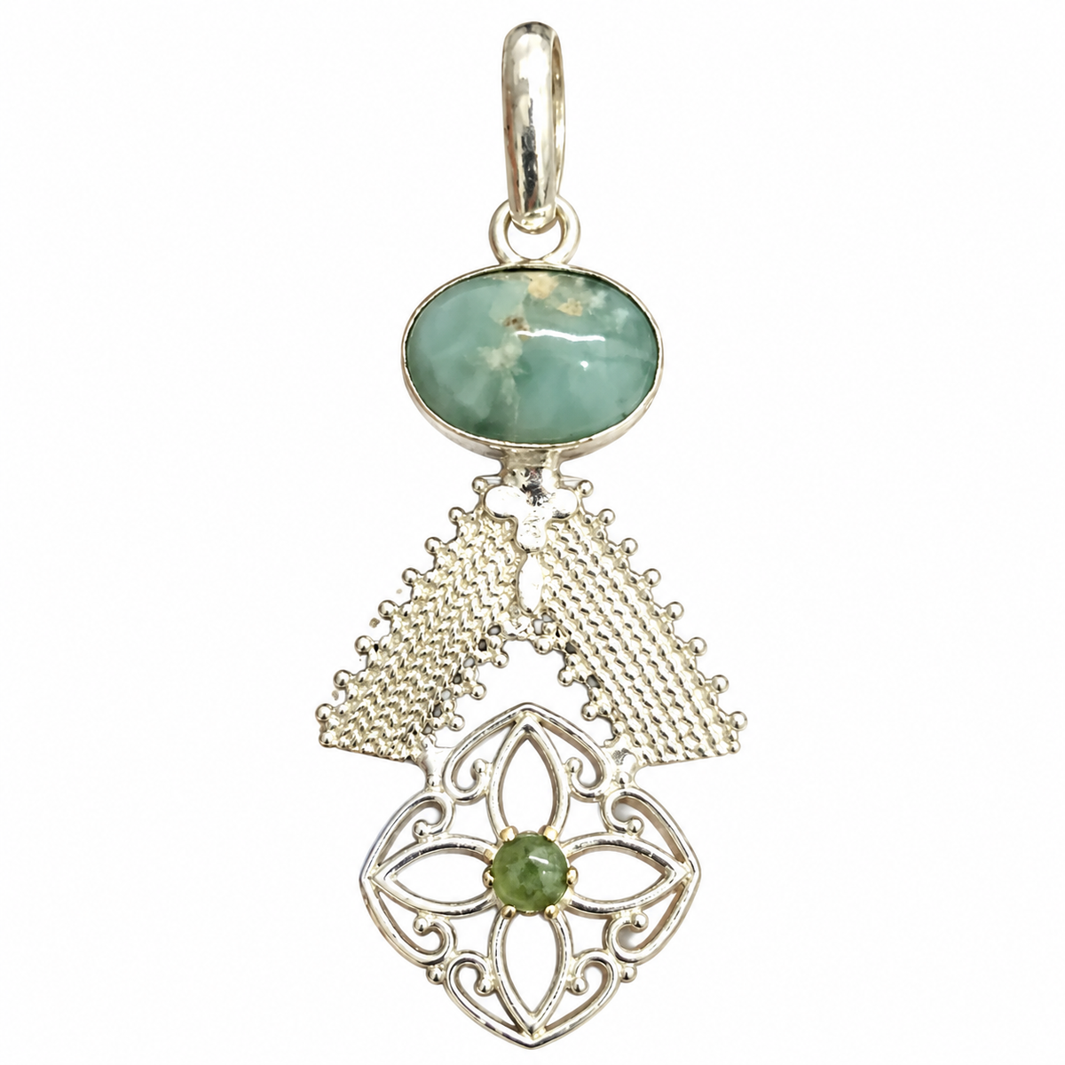 Larimar Pendant with Green Accent in Antique Silver Tone PEN752-SLV-NLAR-NAMZ02