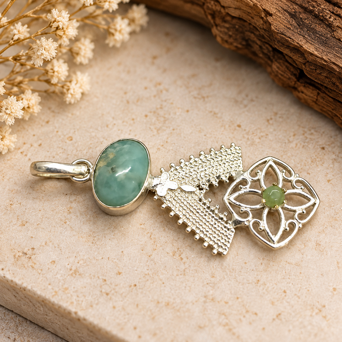 Larimar Pendant with Green Accent in Antique Silver Tone PEN752-SLV-NLAR-NAMZ02