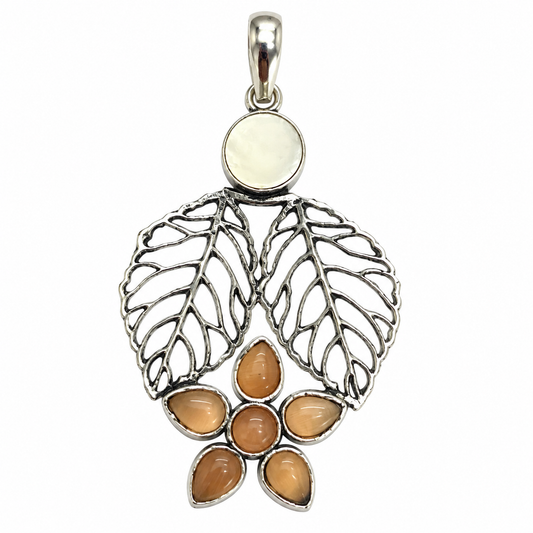 Mother of Pearl Leaf Pendant with Amber Quartz Floral Design PEN753-SLV-NMOP-LQUA07