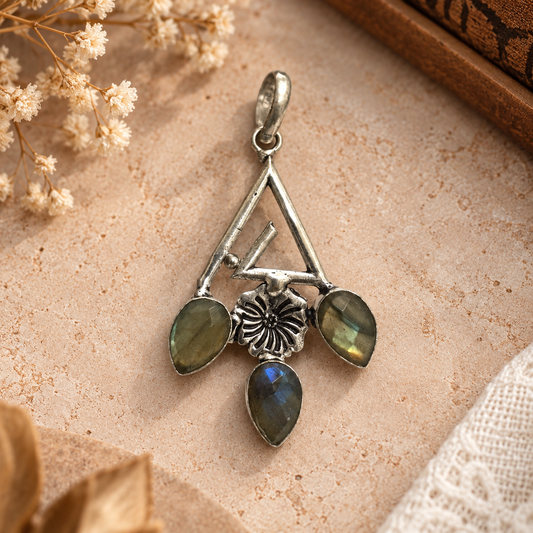 Labradorite Floral Pendant with Boho Antique Silver Design PEN754-SLV-NLBD03