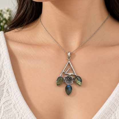 Labradorite Floral Pendant with Boho Antique Silver Design PEN754-SLV-NLBD03