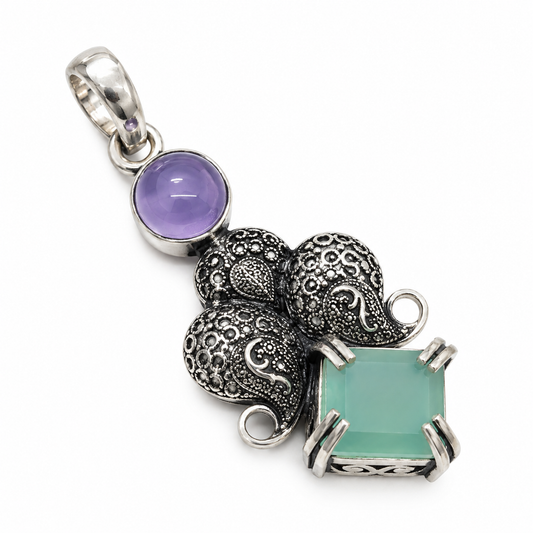 Amethyst Aqua Chalcedony Elephant Pendant Boho Jewelry PEN755-SLV-LAMT-LAQCLY02