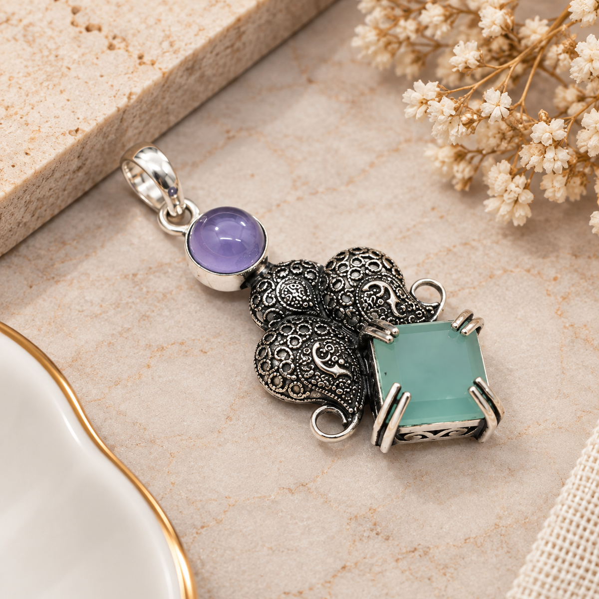 Amethyst Aqua Chalcedony Elephant Pendant Boho Jewelry PEN755-SLV-LAMT-LAQCLY02