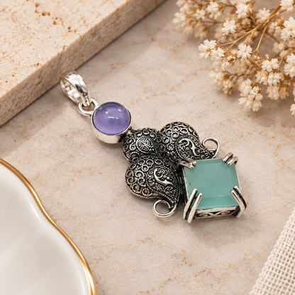 Amethyst Aqua Chalcedony Elephant Pendant Boho Jewelry PEN755-SLV-LAMT-LAQCLY02