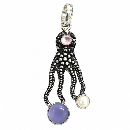 Sea Inspired Octopus Pendant with Colorful Gemstones PEN756-SLV-NMUL03