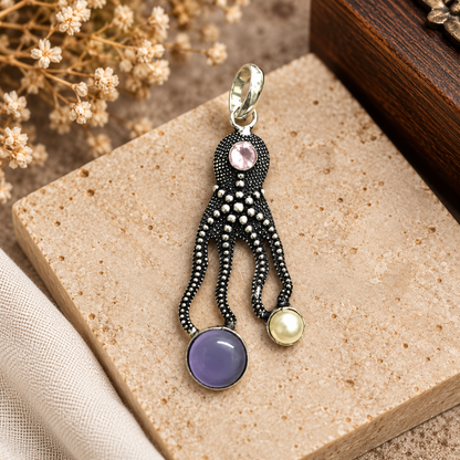 Sea Inspired Octopus Pendant with Colorful Gemstones PEN756-SLV-NMUL03