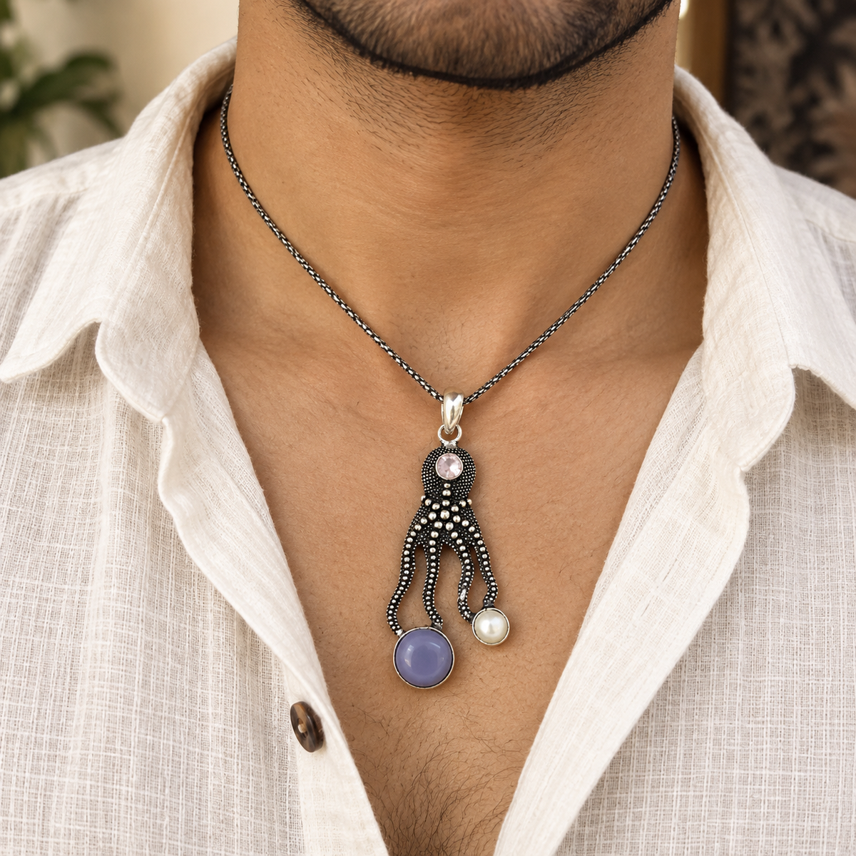 Sea Inspired Octopus Pendant with Colorful Gemstones PEN756-SLV-NMUL03