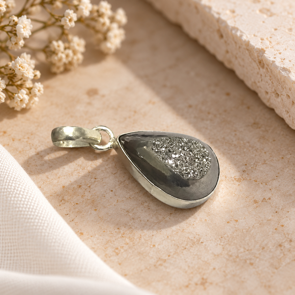 Silver Druzy Teardrop Pendant with Elegant Vintage Style PEN757-SLV-NSDY01