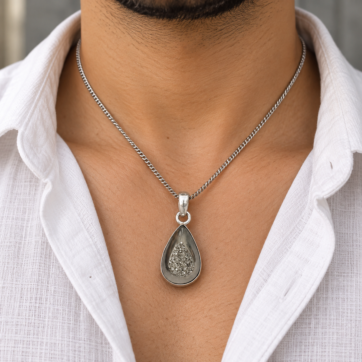Silver Druzy Teardrop Pendant with Elegant Vintage Style PEN757-SLV-NSDY01