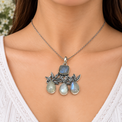 Moonstone Leaf Pendant with Blue Flash Boho Vintage Style PEN758-SLV-NMS04
