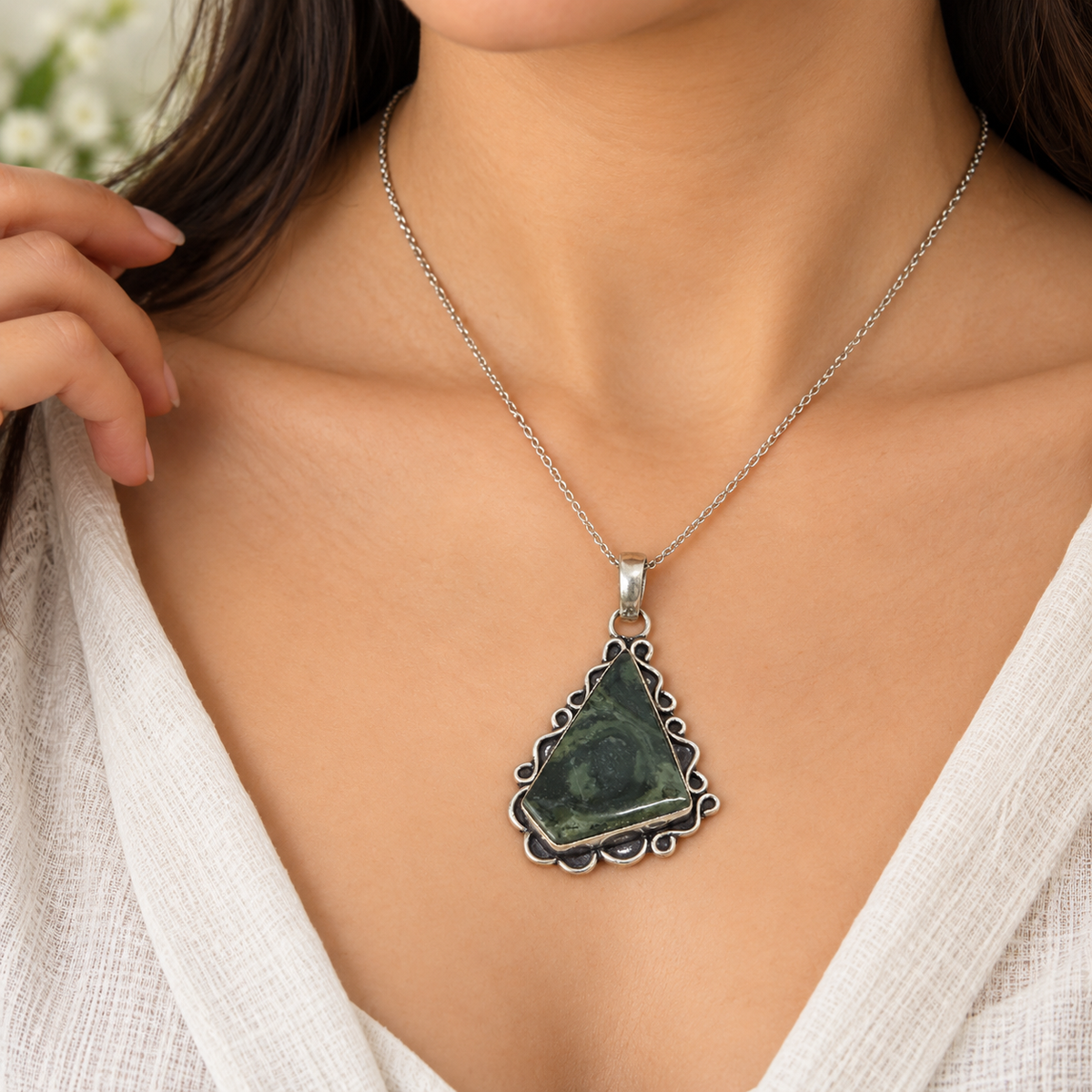 Green Kambaba Jasper Pendant with Antique Silver Boho Design PEN759-SLV-NKJR01