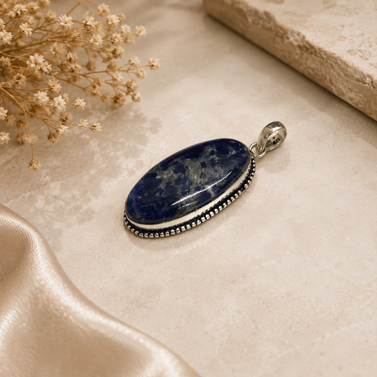 Natural Lapis Lazuli Silver Pendant, Oval Boho Gemstone Jewelry PEN76-SLV-NLLZ01
