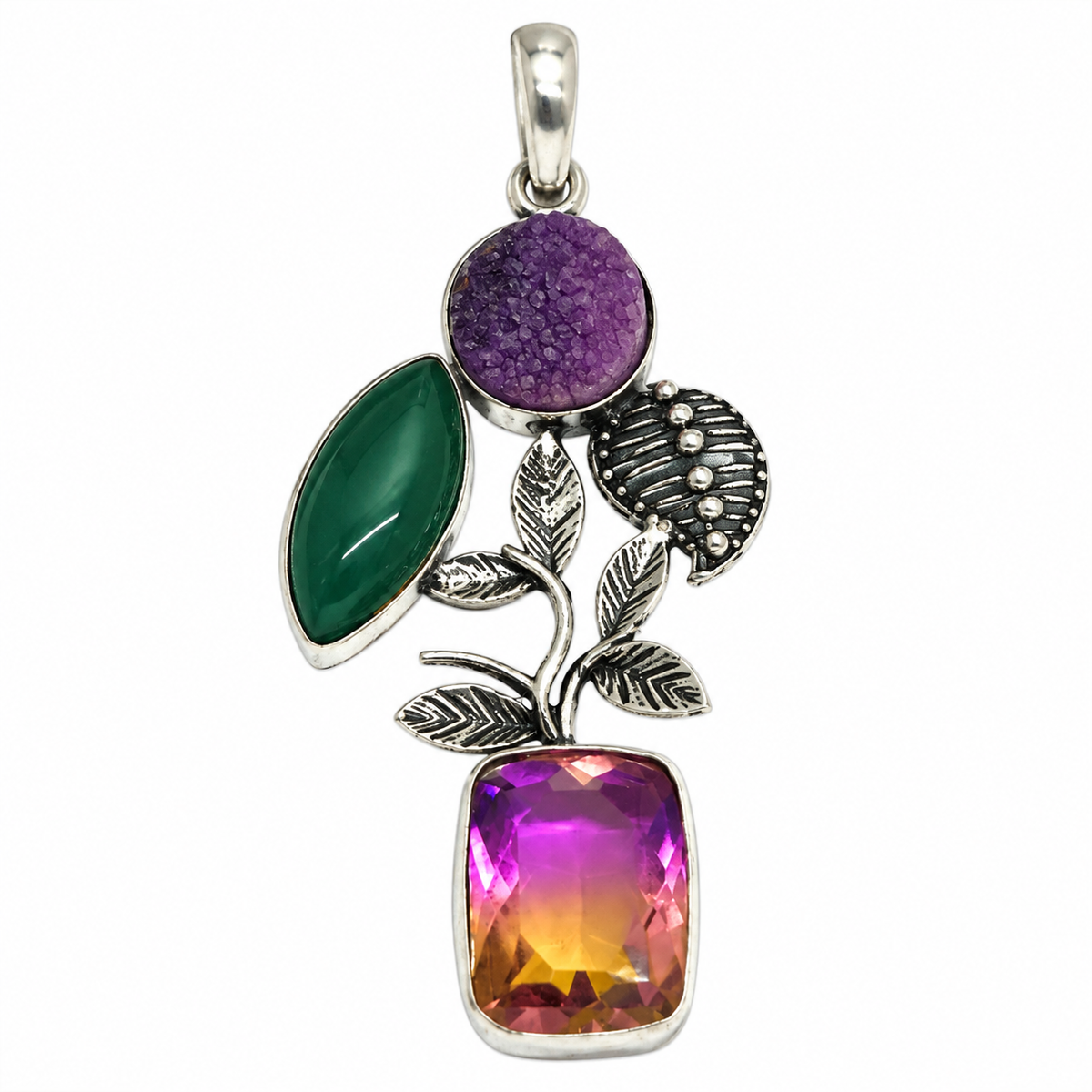 Druzy Amethyst Green Agate Multicolor Boho Floral Pendant PEN760-SLV-NMUL03