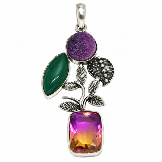 Druzy Amethyst Green Agate Multicolor Boho Floral Pendant PEN760-SLV-NMUL03